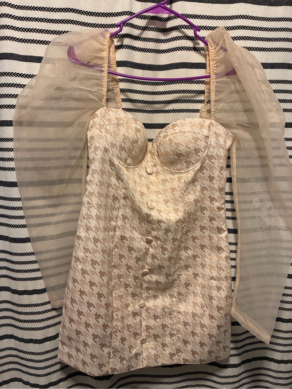 Beige & Champagne Gold Houndstooth Bustier Dress with Sheer off Shoulder Sleeves